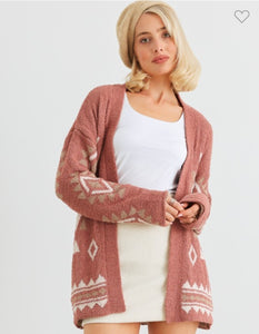 Tribal Print Knit Long Sleeve Open Front Cardigan