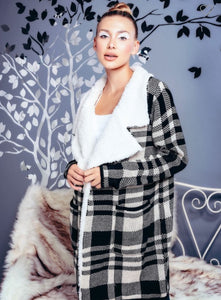 PLAID FUR LINED CARDIGAN COAT WITH WIDE COLLARS