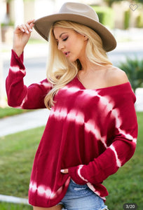 TIE DYE TUNIC LENGTH SWEATER WITH WIDE V NECK